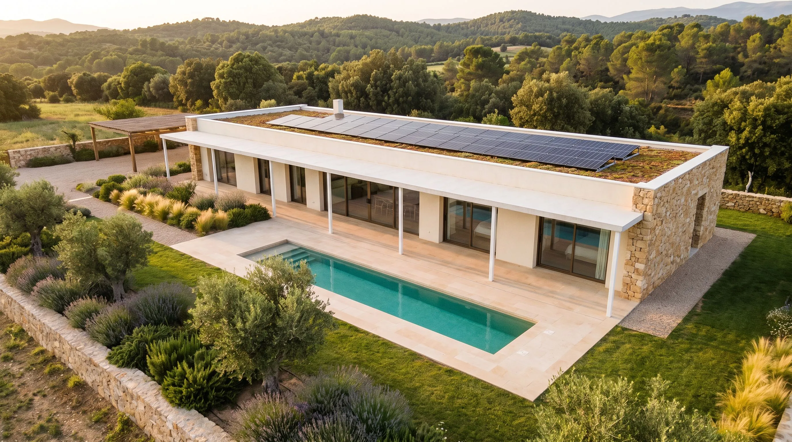 Vista aérea de la casa tipo: volumen alargado de una planta con cubierta vegetal y placas solares, porche corrido, piscina alargada y jardín mediterráneo.