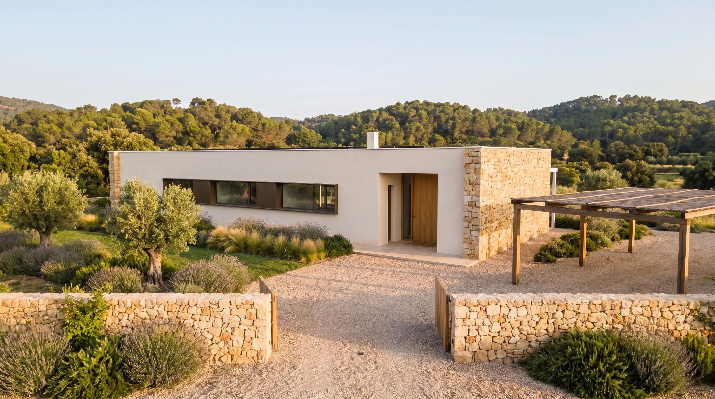 Casa tipo vista desde la entrada: una sola planta, revoco de cal blanco, pared lateral de piedra arenisca, puerta de roble, pérgola de madera para el coche y muro de piedra seca.