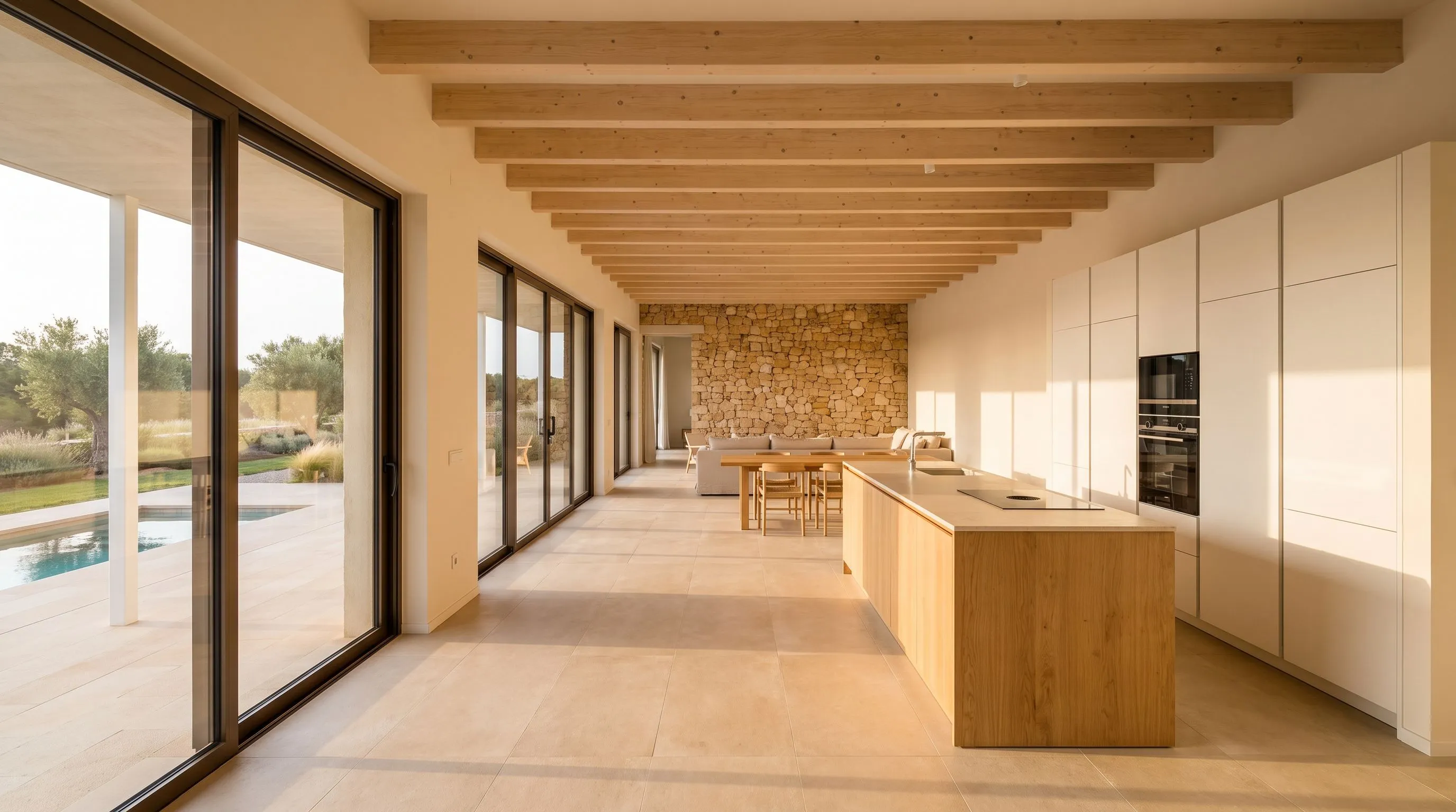 Salón, comedor y cocina de la casa tipo: vigas de madera vistas, isla de roble, pared de piedra al fondo y cristaleras abiertas al porche y a la piscina.