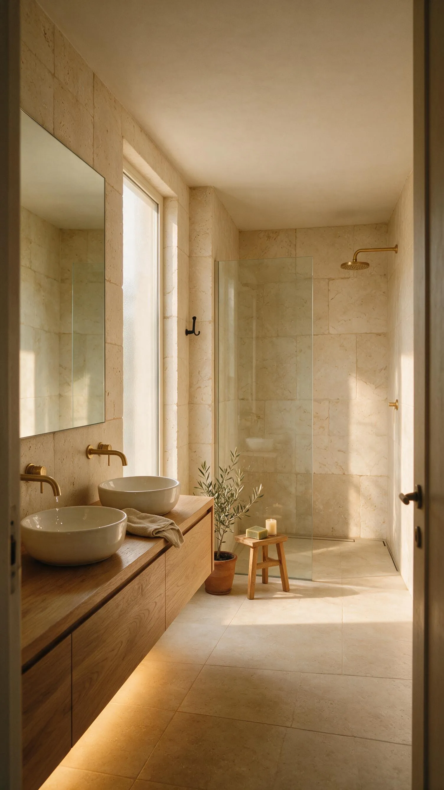 Baño luminoso en travertino con doble lavabo sobre mueble de roble, grifería de latón y ducha a ras de suelo con mampara de vidrio.