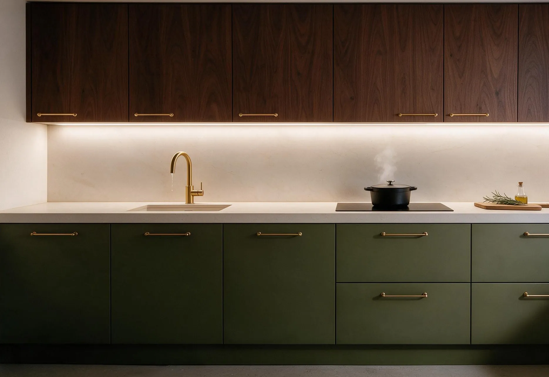 Cocina al atardecer: bajos en verde oliva mate, altos de nogal y encimera de piedra clara con luz cálida bajo el mueble.