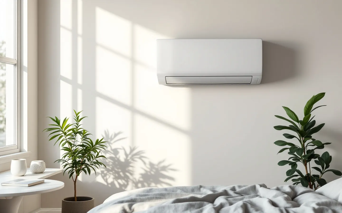 Aire acondicionado de pared blanco y discreto en un dormitorio reformado con luz de mañana.