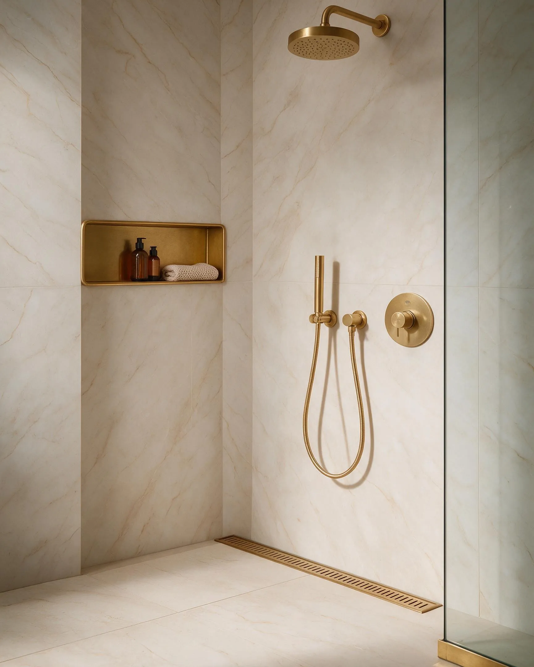 Ducha de obra a ras de suelo revestida en mármol crema, mampara de vidrio fija, grifería de latón y desagüe lineal junto a la pared.