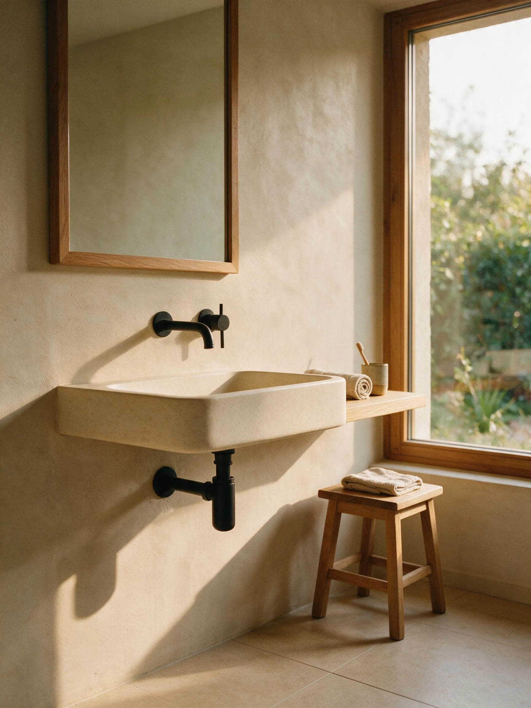 Lavabo suspendido de piedra con grifería negra de pared, repisa y taburete de roble junto a un gran ventanal con luz de tarde.