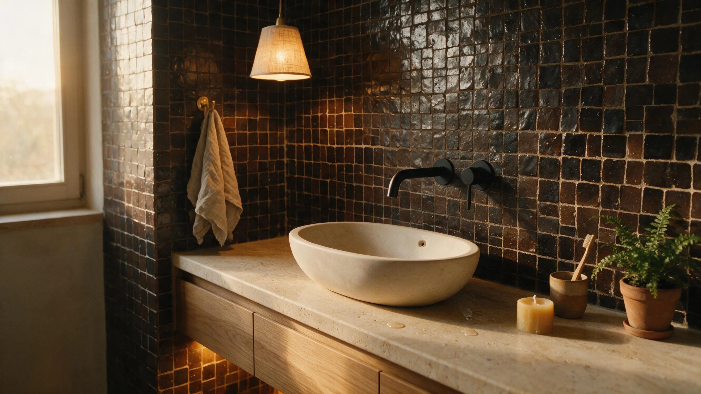 Baño revestido en mosaico esmaltado marrón oscuro, lavabo de piedra sobre encimera de travertino y grifería negra de pared.